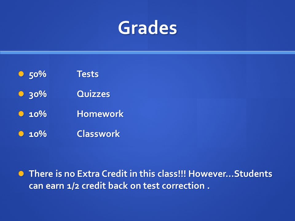 Grades 50%Tests 50%Tests 30%Quizzes 30%Quizzes 10%Homework 10%Homework 10%Classwork 10%Classwork There is no Extra Credit in this class!!.