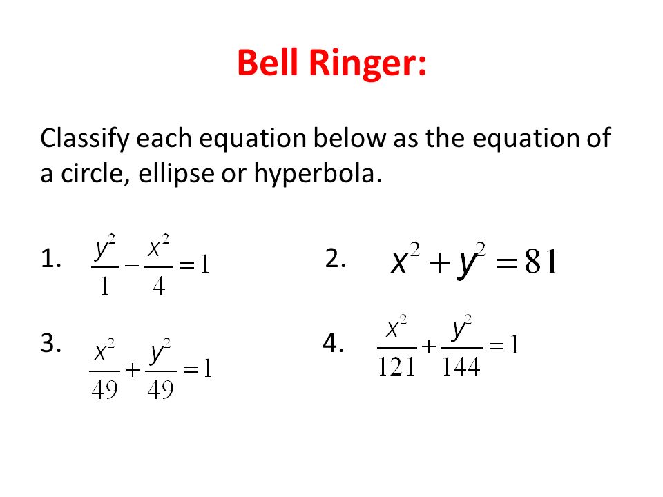 Bell Ringer: Classify each equation below as the equation of a circle, ellipse or hyperbola.