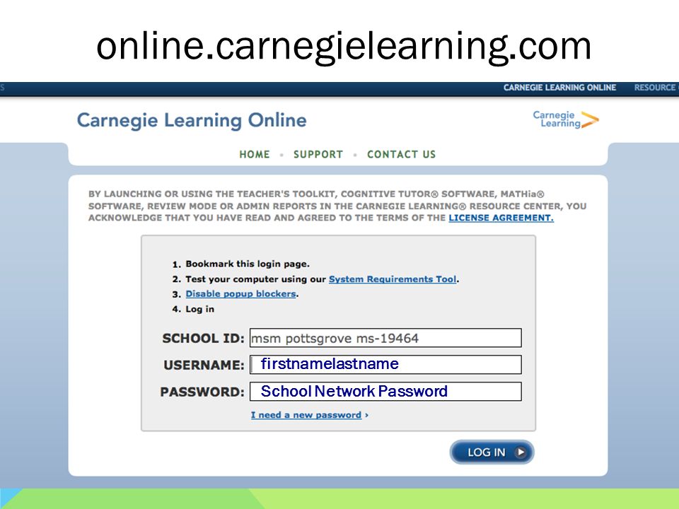 online.carnegielearning.com firstnamelastname School Network Password