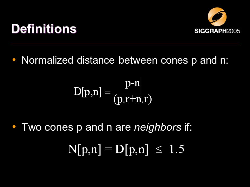 Definitions Normalized distance between cones p and n: Two cones p and n are neighbors if: