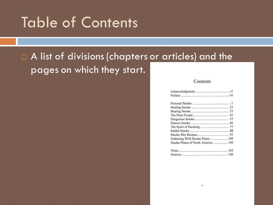 Table of Contents  A list of divisions (chapters or articles) and the pages on which they start.