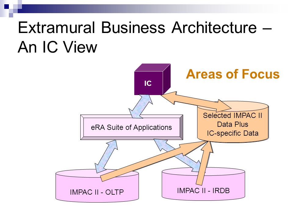 Extramural Business Architecture – An IC View IC IMPAC II - OLTP Selected IMPAC II Data Plus IC-specific Data IMPAC II - IRDB eRA Suite of Applications Selected IMPAC II Data Plus IC-specific Data Areas of Focus