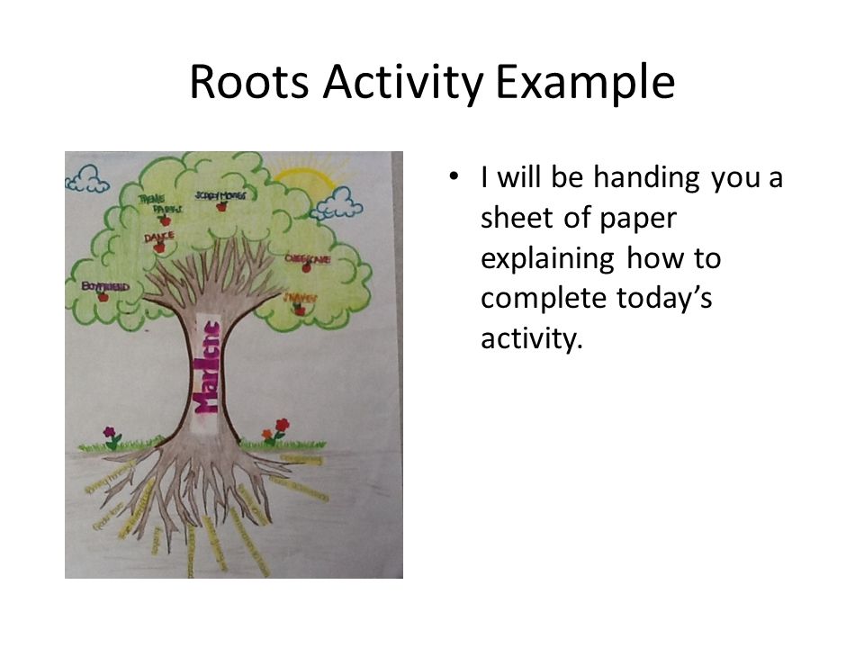 Roots Activity Example I will be handing you a sheet of paper explaining how to complete today’s activity.