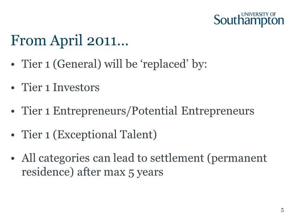 5 From April 2011… Tier 1 (General) will be ‘replaced’ by: Tier 1 Investors Tier 1 Entrepreneurs/Potential Entrepreneurs Tier 1 (Exceptional Talent) All categories can lead to settlement (permanent residence) after max 5 years