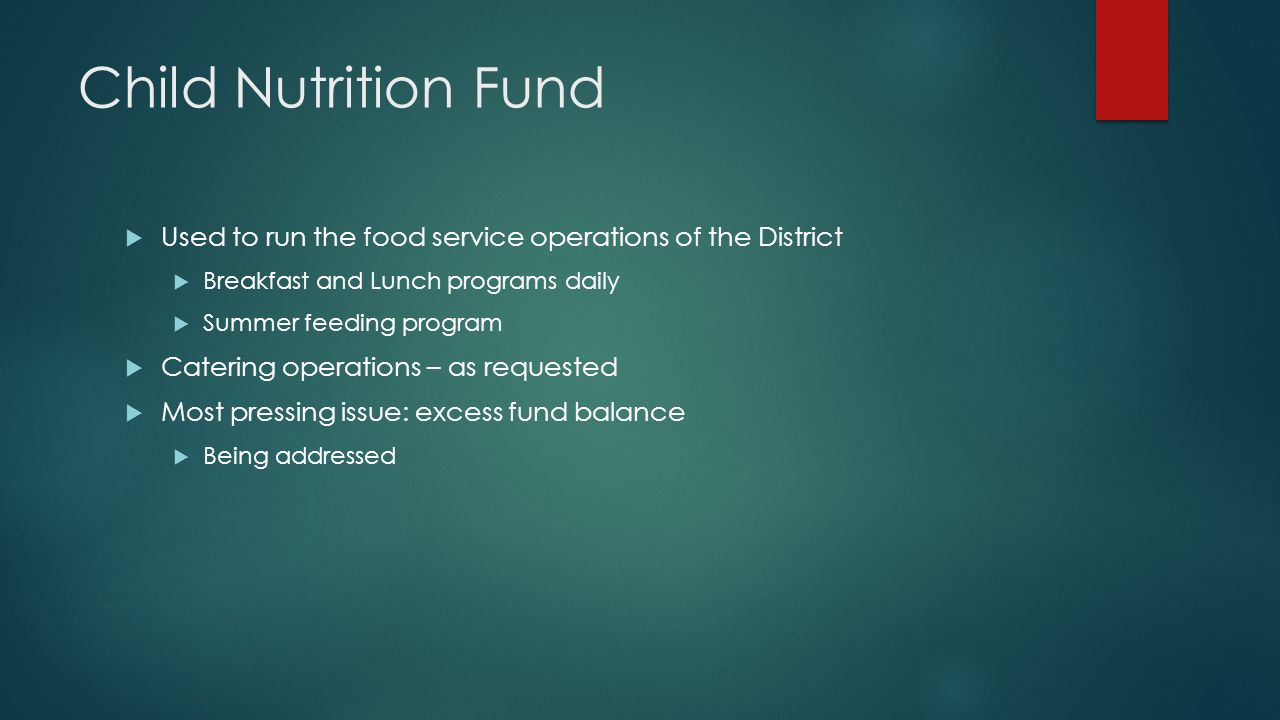 Child Nutrition Fund  Used to run the food service operations of the District  Breakfast and Lunch programs daily  Summer feeding program  Catering operations – as requested  Most pressing issue: excess fund balance  Being addressed