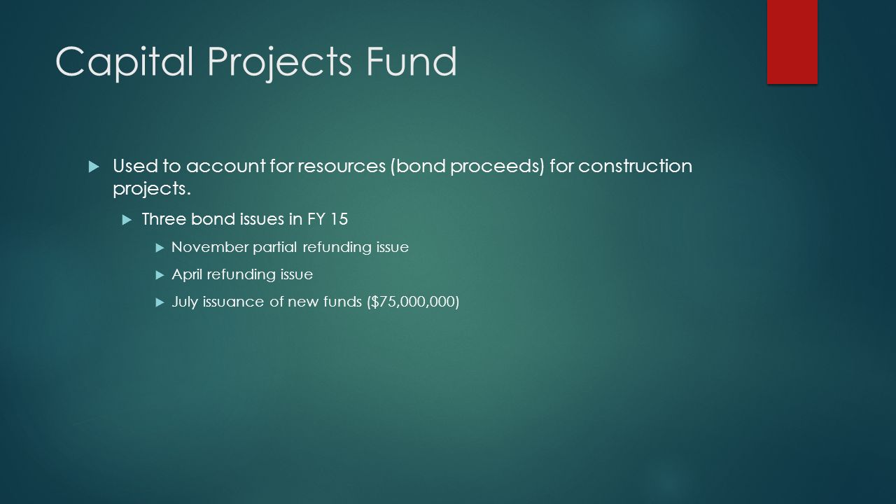 Capital Projects Fund  Used to account for resources (bond proceeds) for construction projects.