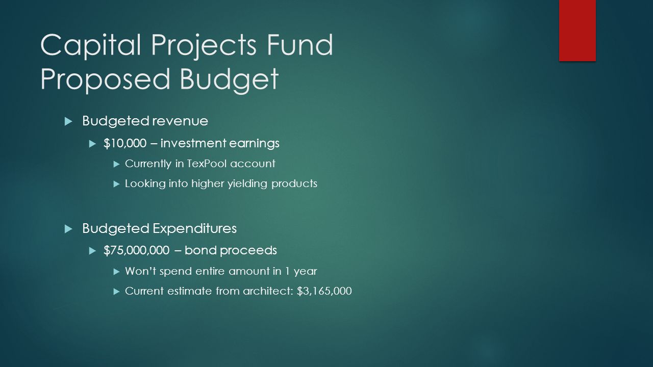 Capital Projects Fund Proposed Budget  Budgeted revenue  $10,000 – investment earnings  Currently in TexPool account  Looking into higher yielding products  Budgeted Expenditures  $75,000,000 – bond proceeds  Won’t spend entire amount in 1 year  Current estimate from architect: $3,165,000