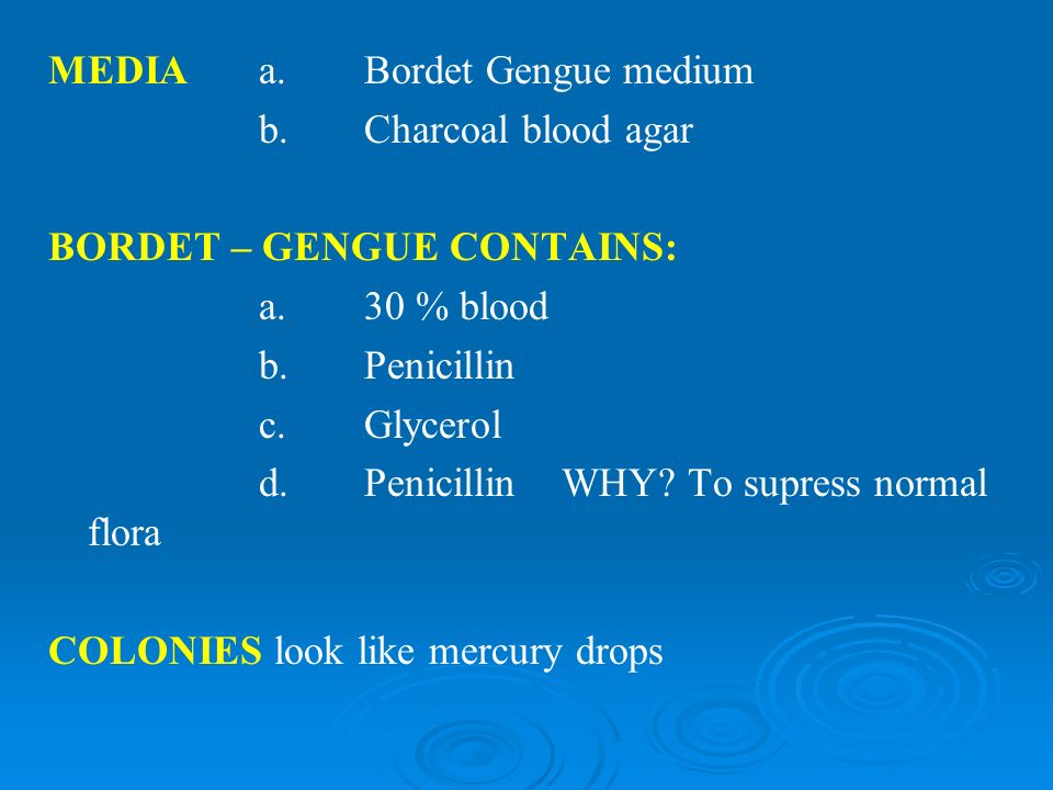 MEDIAa.Bordet Gengue medium b.Charcoal blood agar BORDET – GENGUE CONTAINS: a.30 % blood b.Penicillin c.Glycerol d.Penicillin WHY.