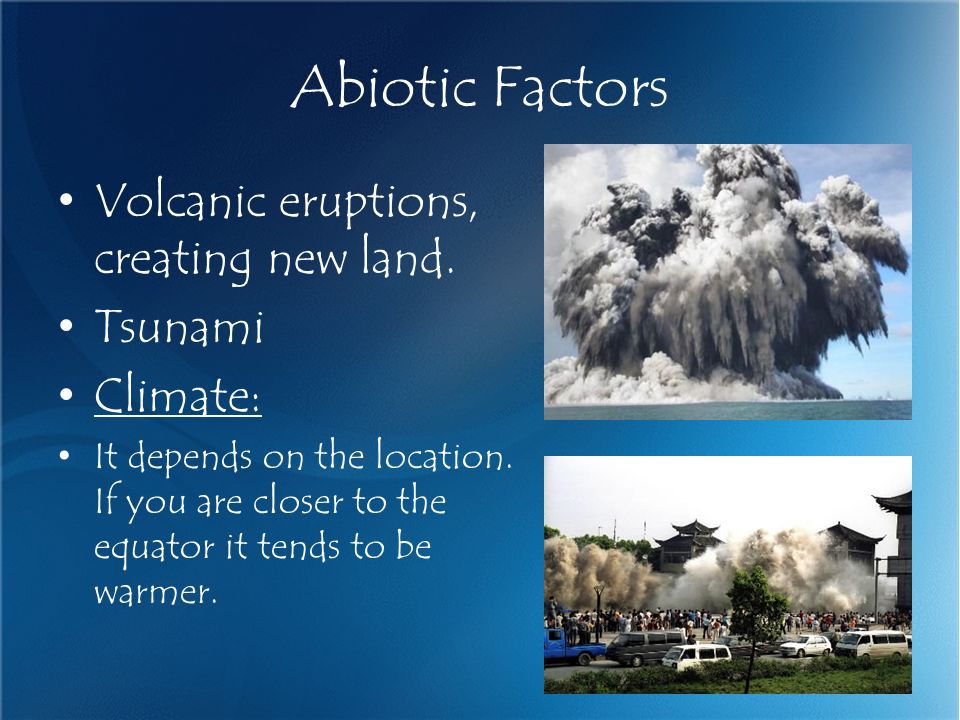 Abiotic Factors Volcanic eruptions, creating new land.