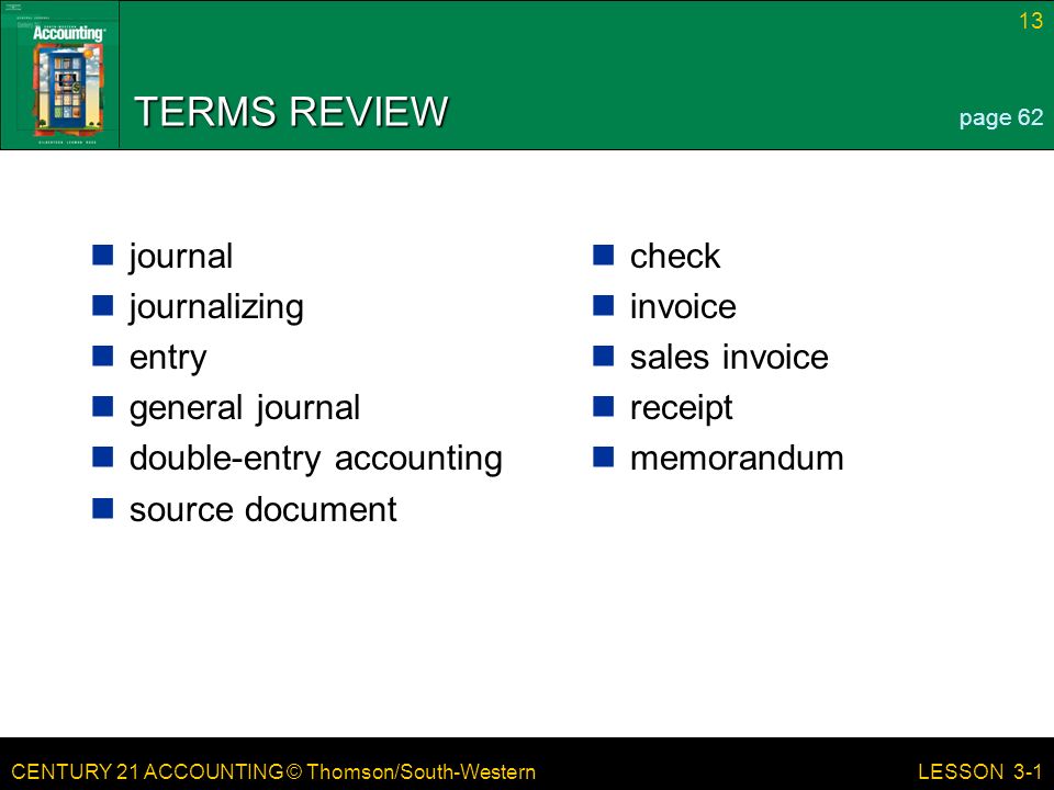 CENTURY 21 ACCOUNTING © Thomson/South-Western 13 LESSON 3-1 TERMS REVIEW journal journalizing entry general journal double-entry accounting source document check invoice sales invoice receipt memorandum page 62
