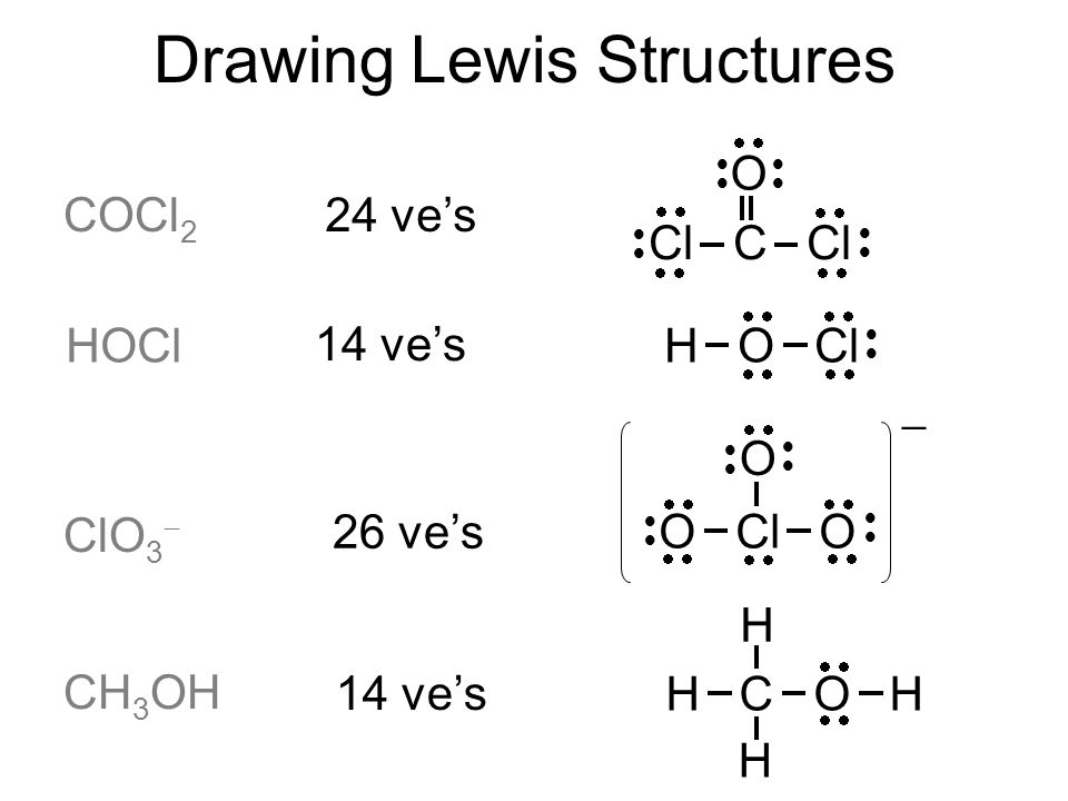 Drawing Lewis Structures COCl 2 24 veâ€™s HOCl 14 veâ€™s ClO 3 ? 