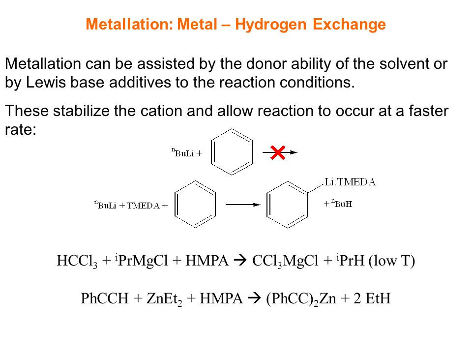 Metallation can be assisted by the donor ability of the solvent or by Lewis base additives to the reaction conditions.