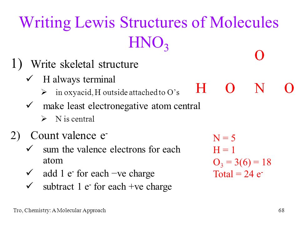Tro, Chemistry: A Molecular Approach68 Writing Lewis Structures of Molecules HNO 3 1) Write skeletal structure H always terminal  in oxyacid, H outside attached to O’s make least electronegative atom central  N is central 2)Count valence e - sum the valence electrons for each atom add 1 e - for each −ve charge subtract 1 e - for each +ve charge N = 5 H = 1 O 3 = 3(6) = 18 Total = 24 e -