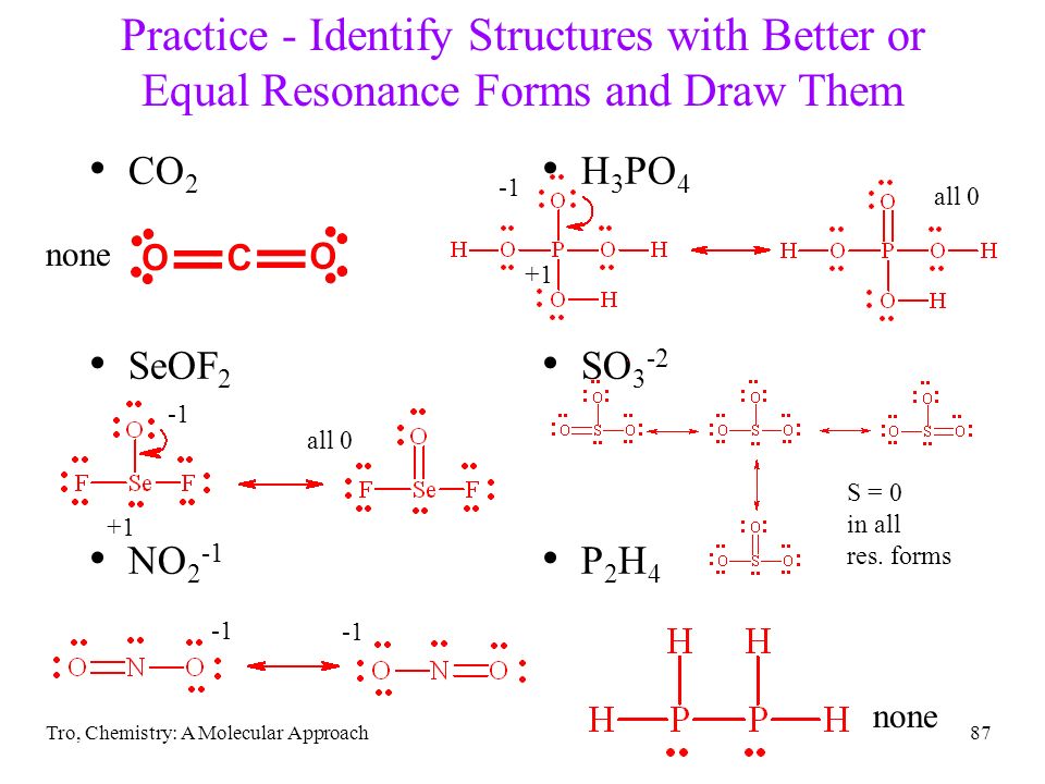 Tro, Chemistry: A Molecular Approach87 Practice - Identify Structures with Better or Equal Resonance Forms and Draw Them CO 2 SeOF 2 NO 2 -1 H 3 PO 4 SO 3 -2 P 2 H 4 none +1 all 0 +1 all 0 none S = 0 in all res.
