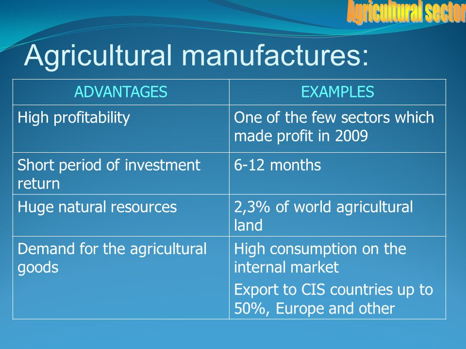 Agricultural manufactures: ADVANTAGESEXAMPLES High profitabilityOne of the few sectors which made profit in 2009 Short period of investment return 6-12 months Huge natural resources2,3% of world agricultural land Demand for the agricultural goods High consumption on the internal market Export to CIS countries up to 50%, Europe and other