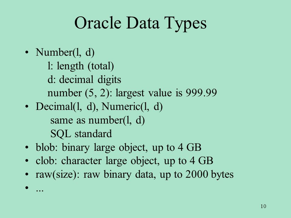 Oracle Data Types Number(l, d) l: length (total) d: decimal digits number (5, 2): largest value is Decimal(l, d), Numeric(l, d) same as number(l, d) SQL standard blob: binary large object, up to 4 GB clob: character large object, up to 4 GB raw(size): raw binary data, up to 2000 bytes...