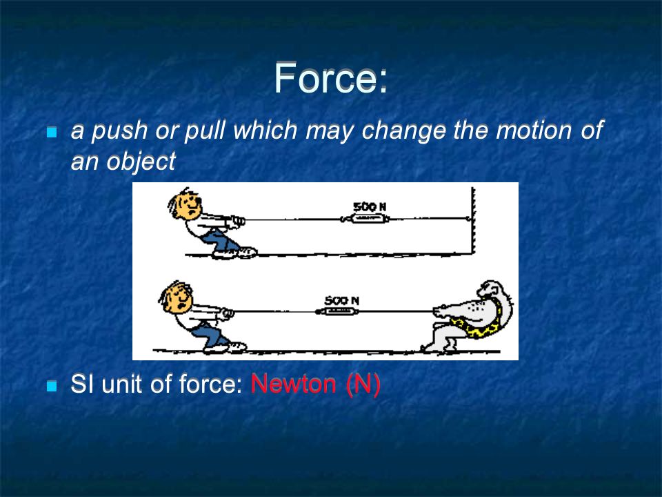 Force: a push or pull which may change the motion of an object SI unit of force: Newton (N) a push or pull which may change the motion of an object SI unit of force: Newton (N)