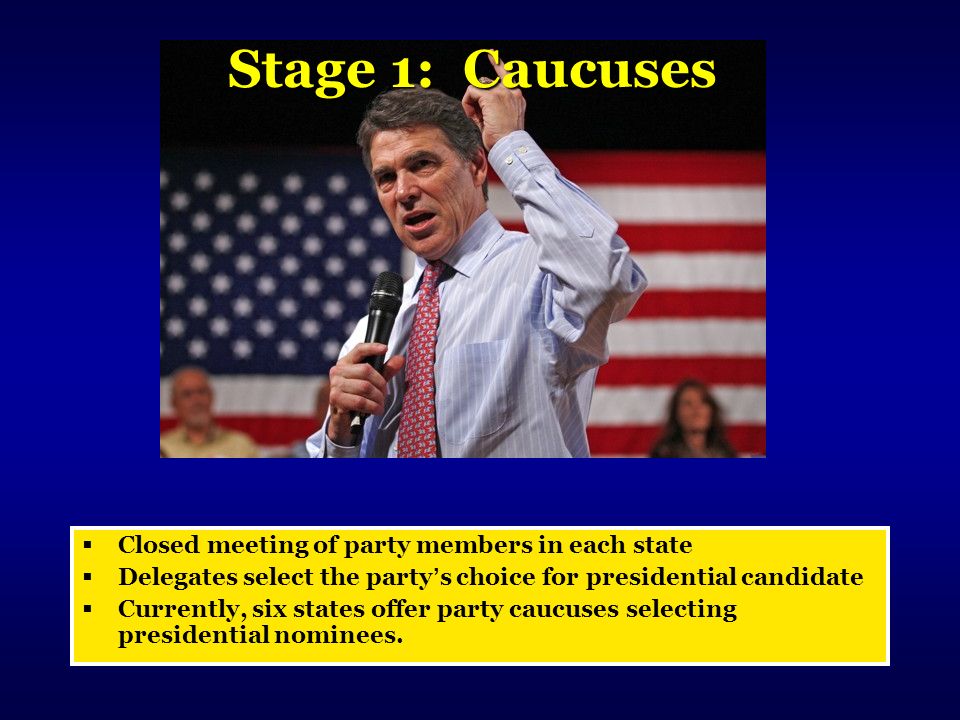 Stage 1: Caucuses  Closed meeting of party members in each state  Delegates select the party’s choice for presidential candidate  Currently, six states offer party caucuses selecting presidential nominees.