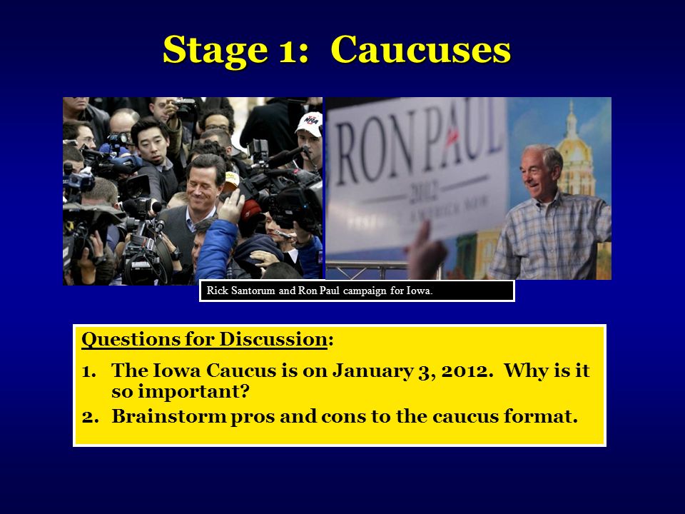 Stage 1: Caucuses Rick Santorum and Ron Paul campaign for Iowa.