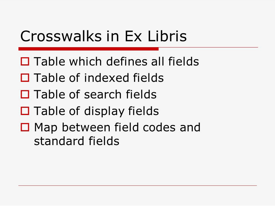 Crosswalks in Ex Libris  Table which defines all fields  Table of indexed fields  Table of search fields  Table of display fields  Map between field codes and standard fields