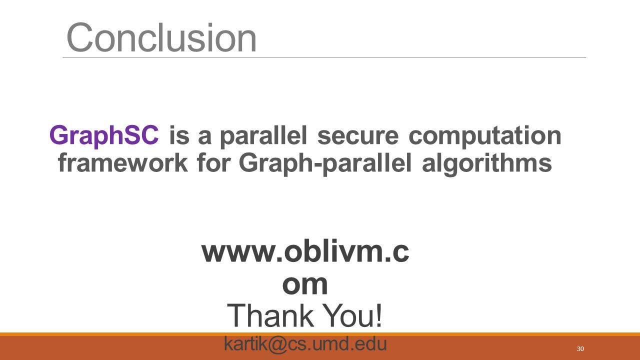 30 GraphSC is a parallel secure computation framework for Graph-parallel algorithms   om Thank You.