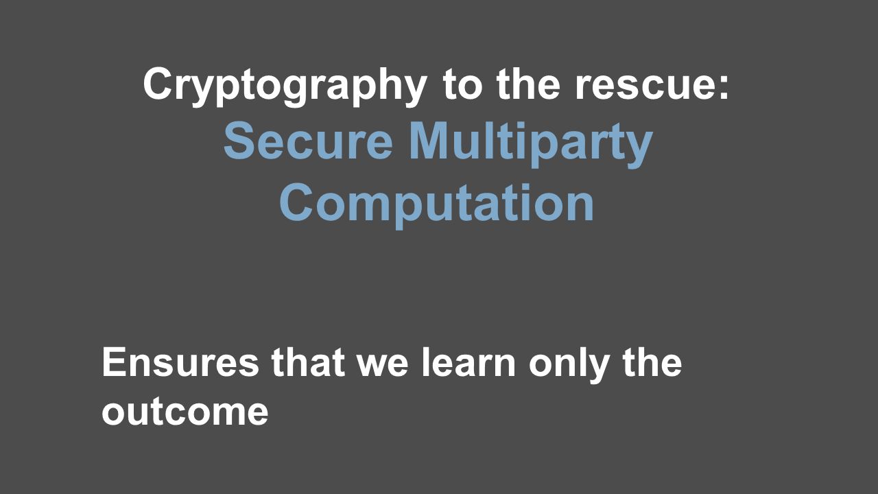 5 Cryptography to the rescue: Secure Multiparty Computation Ensures that we learn only the outcome