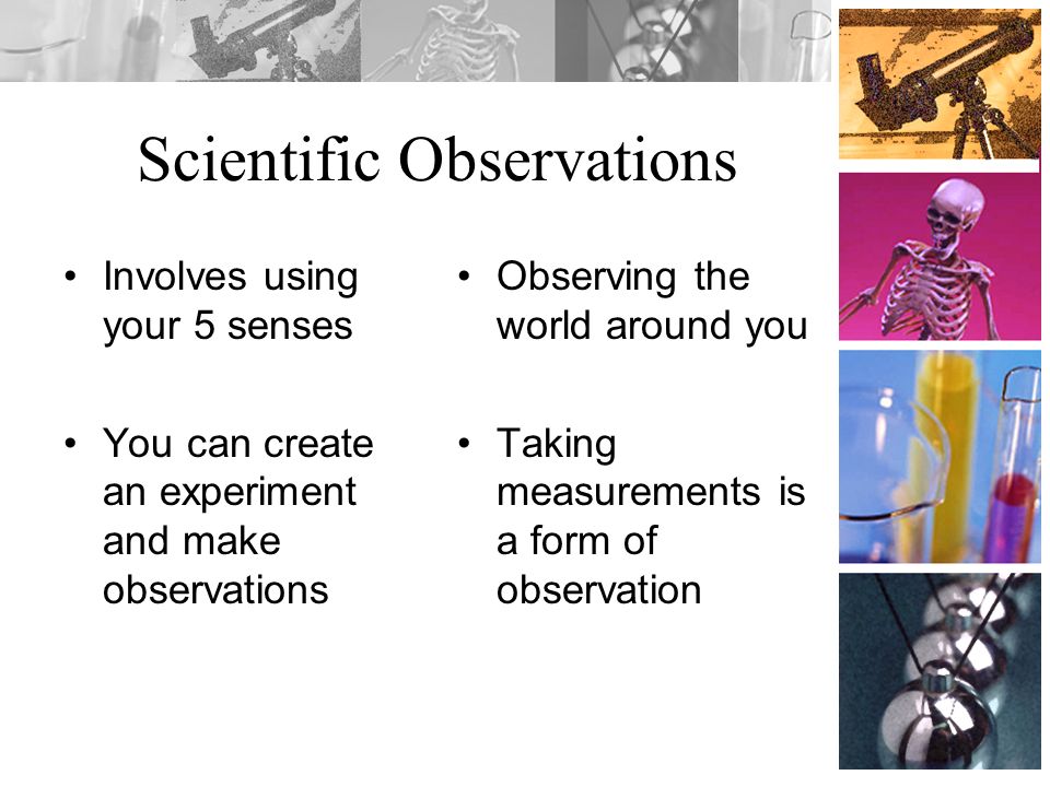 Scientific Observations Involves using your 5 senses You can create an experiment and make observations Observing the world around you Taking measurements is a form of observation