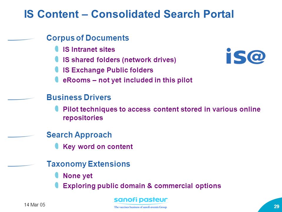 14 Mar IS Content – Consolidated Search Portal Corpus of Documents IS Intranet sites IS shared folders (network drives) IS Exchange Public folders eRooms – not yet included in this pilot Business Drivers Pilot techniques to access content stored in various online repositories Search Approach Key word on content Taxonomy Extensions None yet Exploring public domain & commercial options