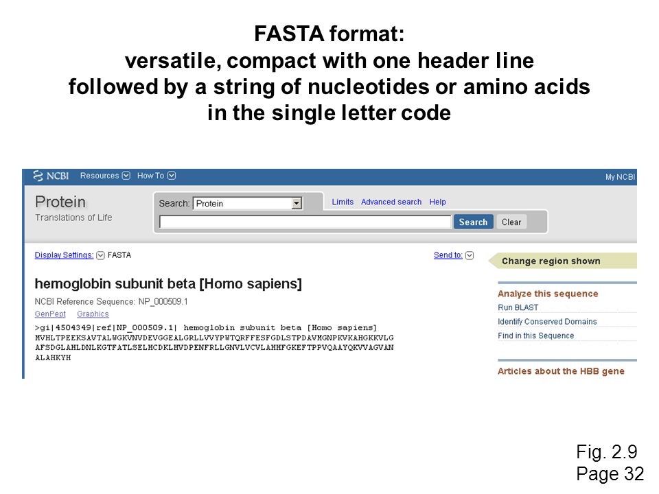 FASTA format: versatile, compact with one header line followed by a string of nucleotides or amino acids in the single letter code Fig.