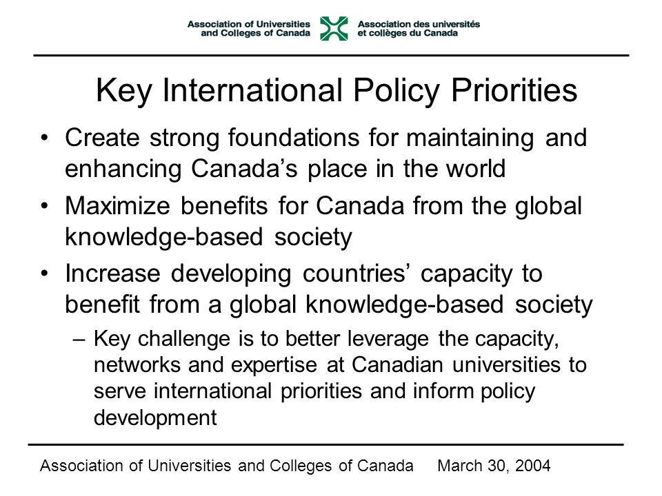 Key International Policy Priorities Create strong foundations for maintaining and enhancing Canada’s place in the world Maximize benefits for Canada from the global knowledge-based society Increase developing countries’ capacity to benefit from a global knowledge-based society –Key challenge is to better leverage the capacity, networks and expertise at Canadian universities to serve international priorities and inform policy development Association of Universities and Colleges of CanadaMarch 30, 2004