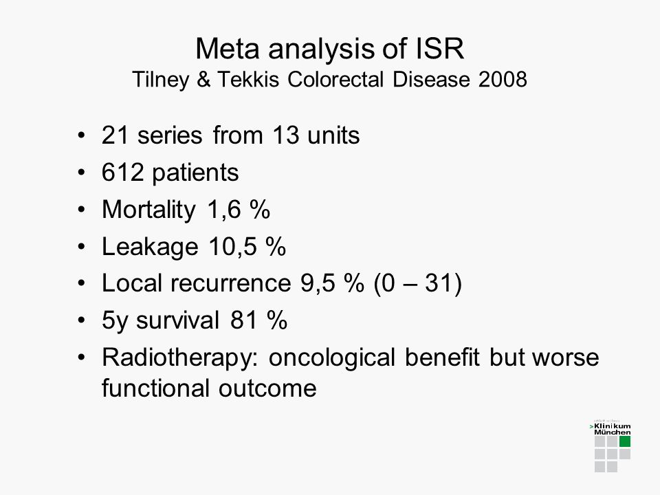 Meta analysis of ISR Tilney & Tekkis Colorectal Disease series from 13 units 612 patients Mortality 1,6 % Leakage 10,5 % Local recurrence 9,5 % (0 – 31) 5y survival 81 % Radiotherapy: oncological benefit but worse functional outcome