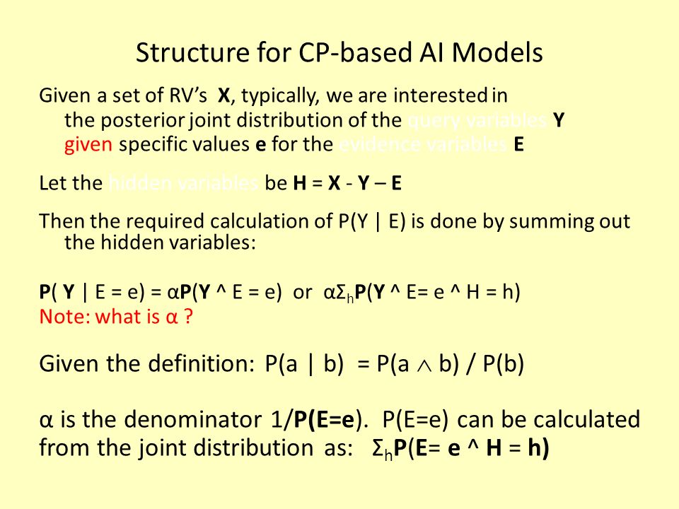 Structure for CP-based AI Models Given a set of RV’s X, typically, we are interested in the posterior joint distribution of the query variables Y given specific values e for the evidence variables E Let the hidden variables be H = X - Y – E Then the required calculation of P(Y | E) is done by summing out the hidden variables: P( Y | E = e) = αP(Y ^ E = e) or αΣ h P(Y ^ E= e ^ H = h) Note: what is α .