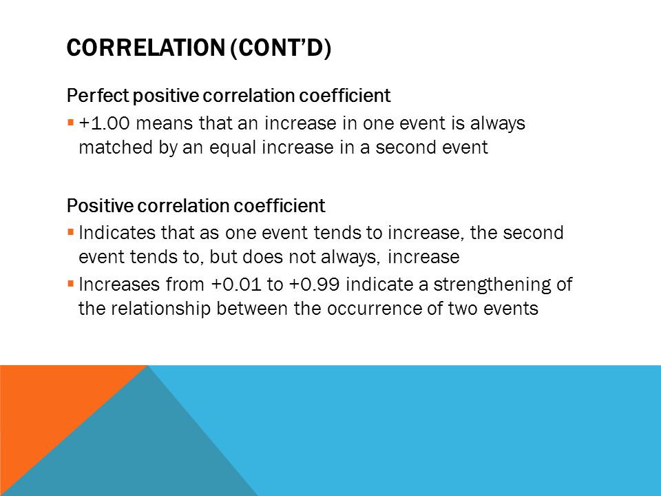 Perfect positive correlation coefficient  means that an increase in one event is always matched by an equal increase in a second event Positive correlation coefficient  Indicates that as one event tends to increase, the second event tends to, but does not always, increase  Increases from to indicate a strengthening of the relationship between the occurrence of two events