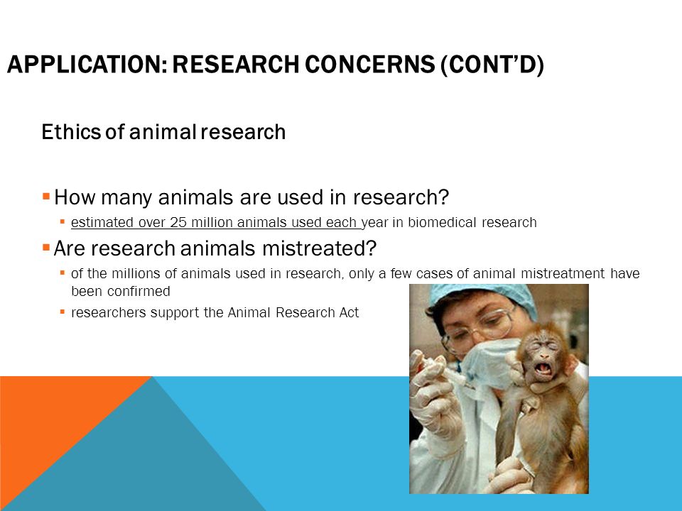 APPLICATION: RESEARCH CONCERNS (CONT’D) Ethics of animal research  How many animals are used in research.