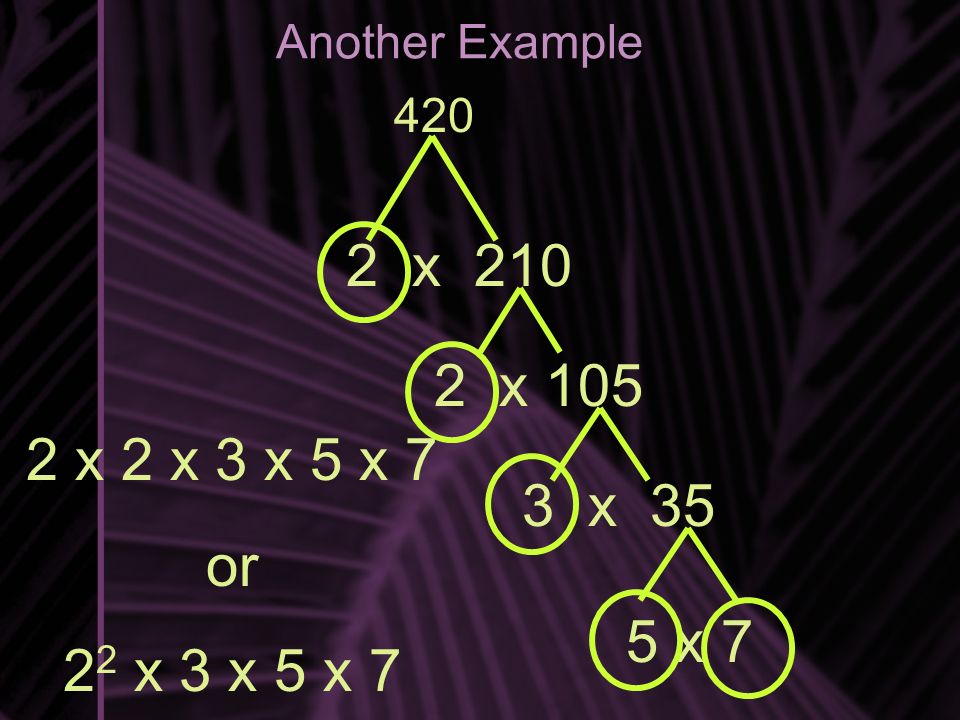 2 x 2 x 3 x 5 x 7 or 2 2 x 3 x 5 x 7 Another Example x x x 35 5 x 7