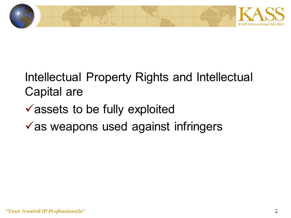 Your trusted IP Professionals 2 Intellectual Property Rights and Intellectual Capital are assets to be fully exploited as weapons used against infringers