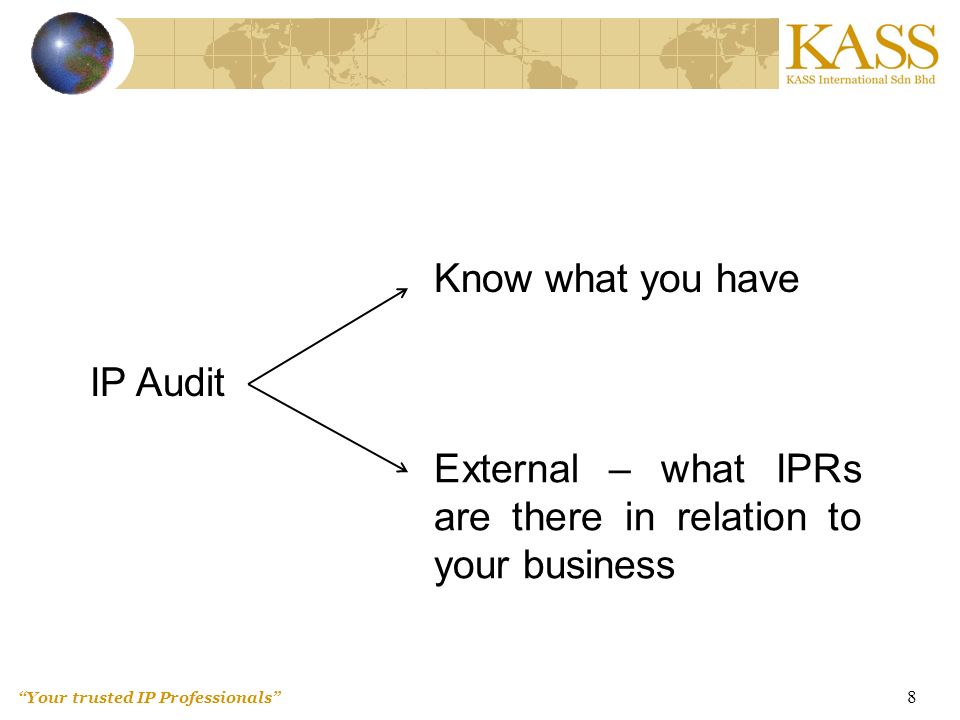 Your trusted IP Professionals 8 IP Audit Know what you have External – what IPRs are there in relation to your business