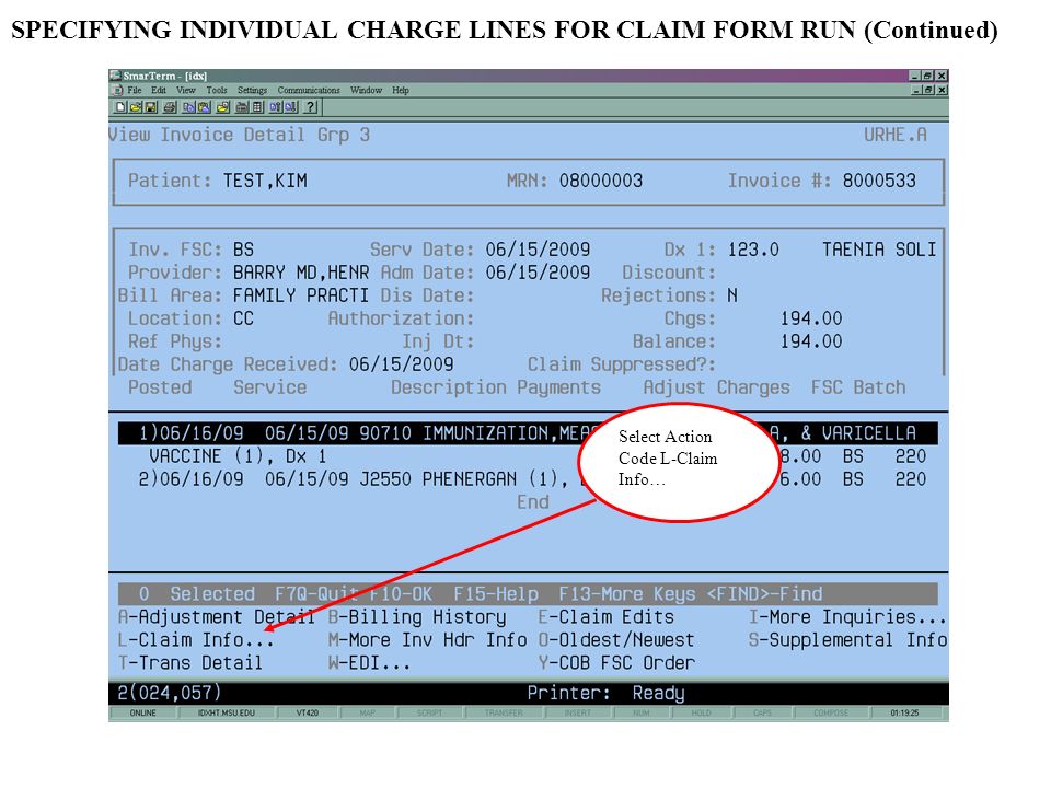 SPECIFYING INDIVIDUAL CHARGE LINES FOR CLAIM FORM RUN (Continued) Select Action Code L-Claim Info…