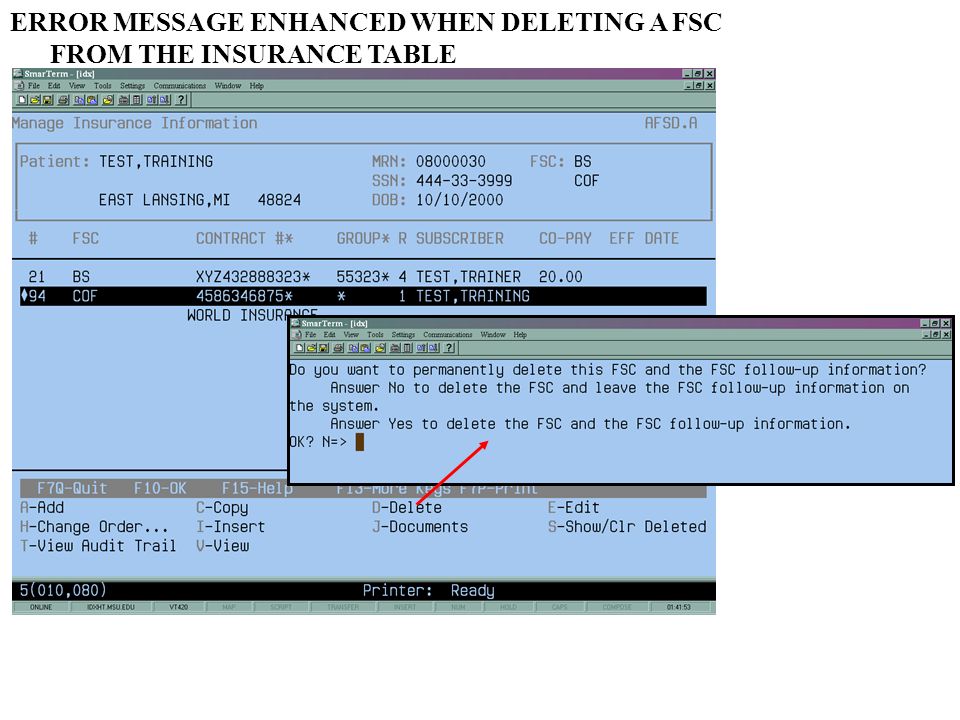 ERROR MESSAGE ENHANCED WHEN DELETING A FSC FROM THE INSURANCE TABLE