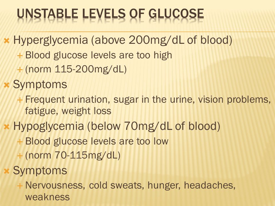  Hyperglycemia (above 200mg/dL of blood)  Blood glucose levels are too high  (norm mg/dL)  Symptoms  Frequent urination, sugar in the urine, vision problems, fatigue, weight loss  Hypoglycemia (below 70mg/dL of blood)  Blood glucose levels are too low  (norm mg/dL)  Symptoms  Nervousness, cold sweats, hunger, headaches, weakness