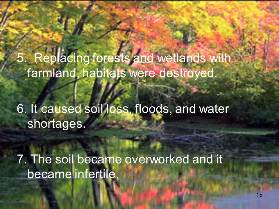 15 5. Replacing forests and wetlands with farmland, habitats were destroyed.