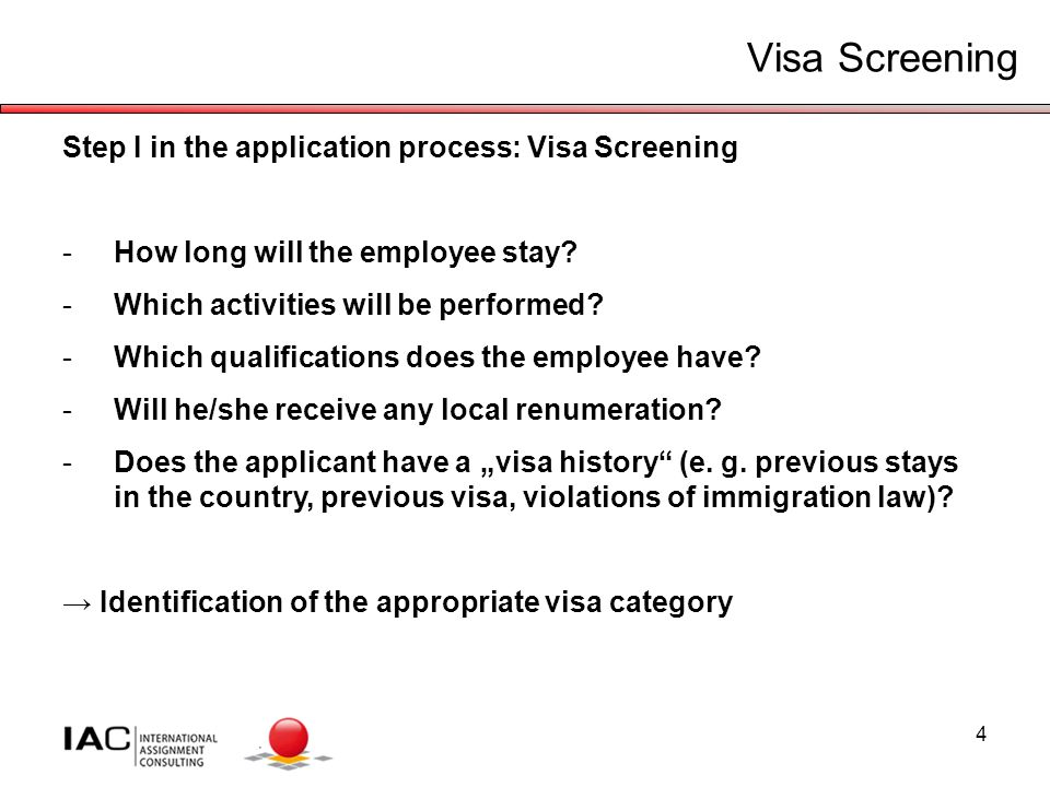 4 Visa Screening Step I in the application process: Visa Screening -How long will the employee stay.