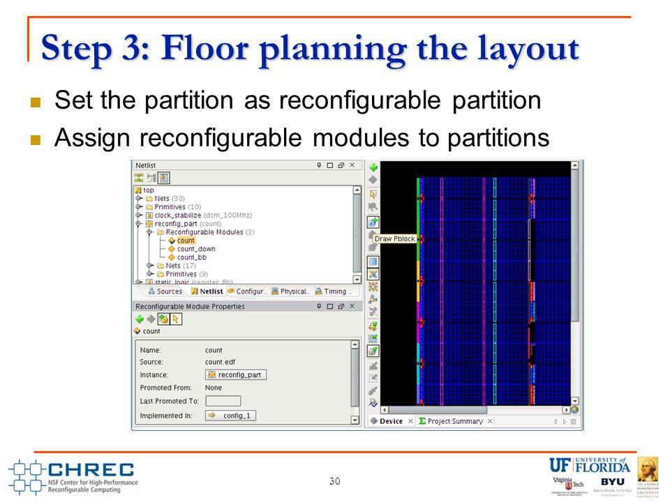Step 3: Floor planning the layout Set the partition as reconfigurable partition Assign reconfigurable modules to partitions 30