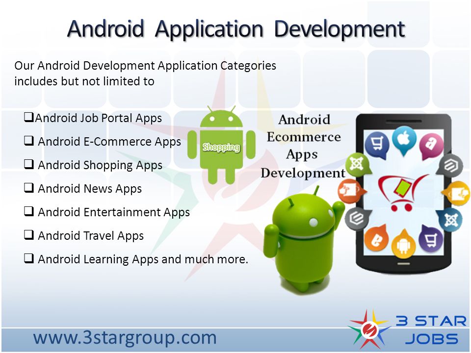 Our Android Development Application Categories includes but not limited to  Android Job Portal Apps  Android E-Commerce Apps  Android Shopping Apps  Android News Apps  Android Entertainment Apps  Android Travel Apps  Android Learning Apps and much more.