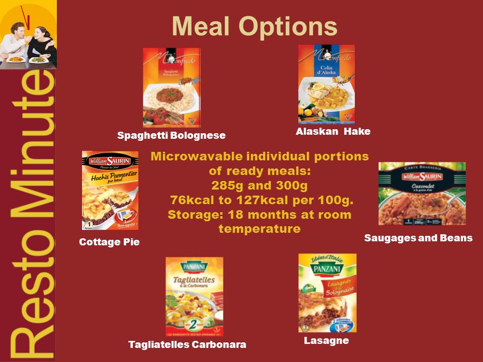 Microwavable individual portions of ready meals: 285g and 300g 76kcal to 127kcal per 100g.