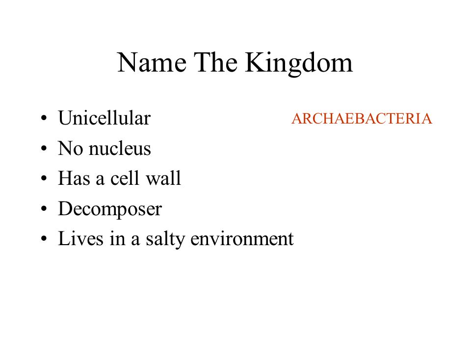 Name The Kingdom Unicellular No nucleus Has a cell wall Decomposer Lives in a salty environment ARCHAEBACTERIA
