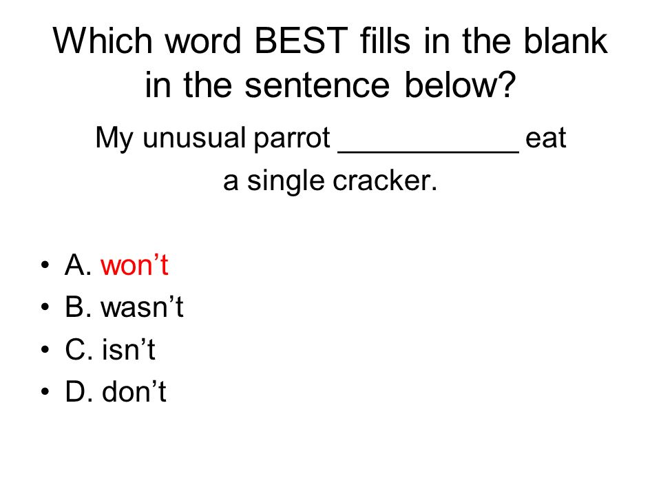 Which word BEST fills in the blank in the sentence below.