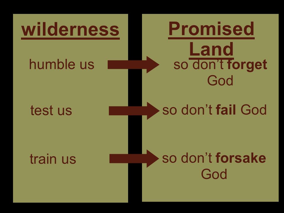 wilderness humble us Promised Land so don’t forget God test us train us so don’t forsake God so don’t fail God