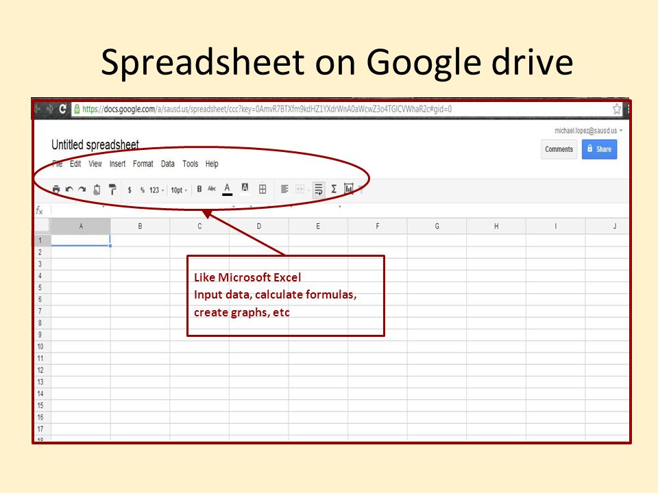 Spreadsheet on Google drive Like Microsoft Excel Input data, calculate formulas, create graphs, etc
