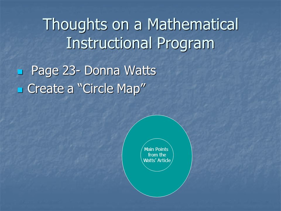 Thoughts on a Mathematical Instructional Program Page 23- Donna Watts Page 23- Donna Watts Create a Circle Map Create a Circle Map Main Points from the Watts’ Article